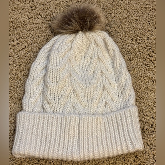 FUBU Cream Knit Hat with Fur Pom - Picture 4 of 6